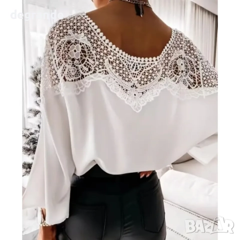 Бяла дамска блуза с дантела, снимка 2 - Блузи с дълъг ръкав и пуловери - 51557427