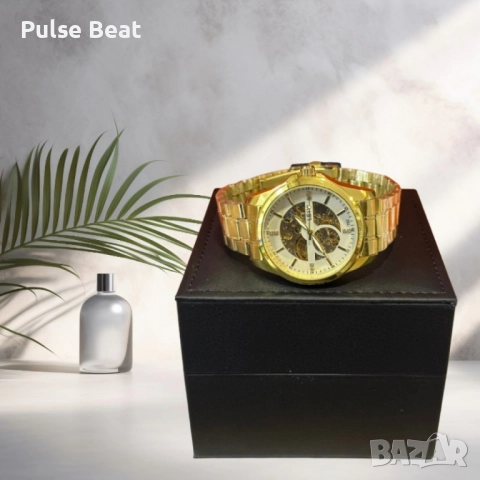 Луксозен златен мъжки часовник с арабски цифри и открит механизъм, снимка 3 - Мъжки - 52055338