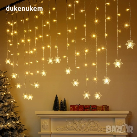 LED светлинна завеса със снежинки – 2 х 1 м, 104 лампички, 8 режима, USB, IP44, снимка 5 - Лед осветление - 51919248