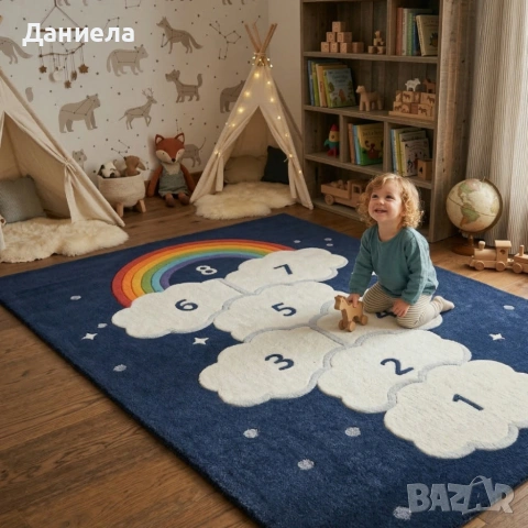 Детски килим за игра 120х160см - Тъмносин килим с облачета и дъга, противоплъзгащ и миещ се, снимка 3 - Други стоки за дома - 53881989