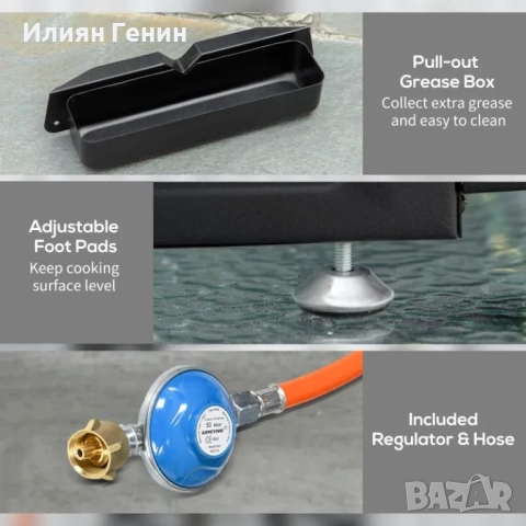 Газова скара Outsunny с капак, 3 горелки, тава за мазнина, незалепваща плоча, снимка 5 - Барбекюта - 51782190