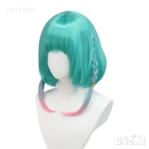 Аниме синьо зелена тюркоазена перука с плитки Anime Vtuber Kyo Kaneko Cosplay, снимка 2 - Аксесоари за коса - 50328253
