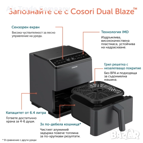Фритюрник с горещ въздух Cosori Dual Blaze Еър фрайър CAF-P681S, XXXL 6.4L, черен, снимка 11 - Фритюрници - 51680338