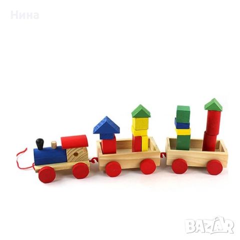 Дървено влакче - сортер, за дърпане, с вагончета и кубчета, снимка 7 - Образователни игри - 46062378