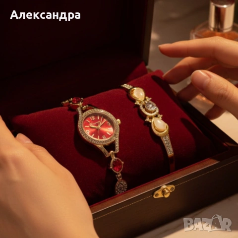Луксозен дамски сет: часовник с кристали + гривна – в подаръчна опаковка, снимка 4 - Дамски - 53576288