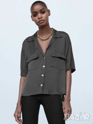 Дамска риза с къс ръкав джобове Zara, 100% вискоза, Тъмносива, XL