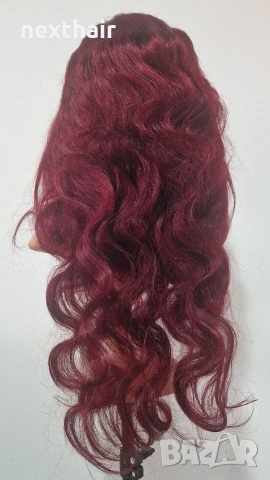 Естествена бразилска перука 75 см – тъмно червена, чуплива, дантелена зона 13x6, снимка 4 - Аксесоари за коса - 53178832