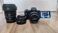 Canon M50 II + 3 обектива, адаптер, сенник и зарядно, снимка 1 - Фотоапарати - 45635519