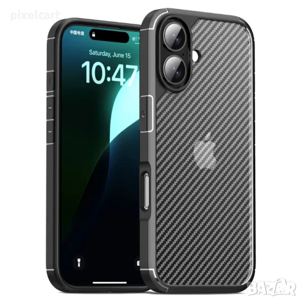 Удароустойчив калъф Shockproof Carbon заiPhone 16 Plus, Черен, снимка 1