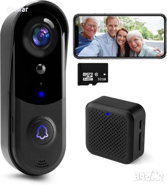 Безжичен видеозвънец PEKNIU, 1080P HD, PIR, нощно виждане, двупосочно аудио, 32 GB SD, 2.4G WiFi, снимка 1