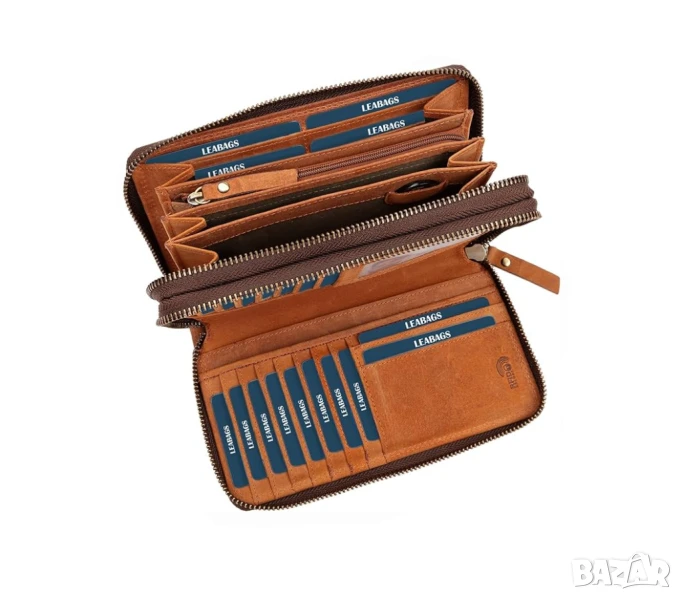 Дамски кожен портфейл LEABAGS с RFID защита, XXL портфейл, 29 слота за карти, снимка 1
