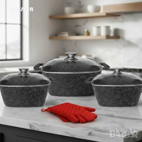 Комплект тенджери – Cheffinger от 3 части с мраморно покритие и капаци + подарък 2 ръкавици, снимка 2 - Съдове за готвене - 53139229