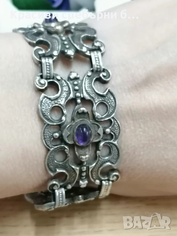 Сребърна гривна стил Art Deco с аметист 💜, снимка 6 - Гривни - 53626621