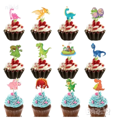 3 вид Динозаври 24 бр топер топери клечки за мъфини декорация и украса кексчета торта