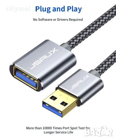 JSAUX USB 3.0 удължител, USB A мъжко към женско, найлонова оплетка, бърз трансфер, 180см, снимка 2 - Други - 47024938