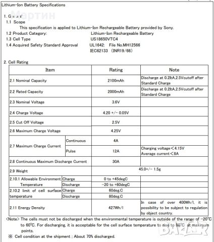 Батерия Sony Murata 18650 VTC4 2100mAh 15C 30A, снимка 7 - Друга електроника - 46554742
