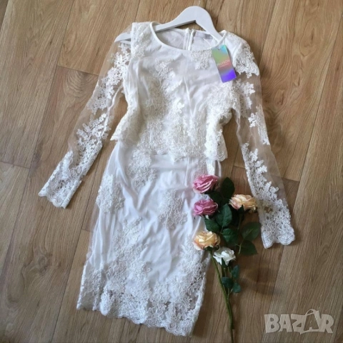 Разпродажба Официална бяла рокля с бродерии и тюл с дълъг ръкав Нова
