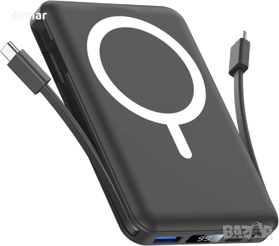 Външна магнитна батерия Magsafe Power Bank с вградени кабели,10000 mAh