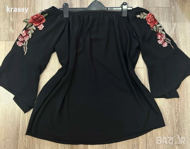 Голяма дамска блуза с голи рамене и бродерия (раьмер 3ХЛ)