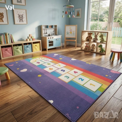 Детски килим за игра 120х160см - Тъмносин килим с облачета и дъга, противоплъзгащ и миещ се, снимка 2 - Килими - 53932545