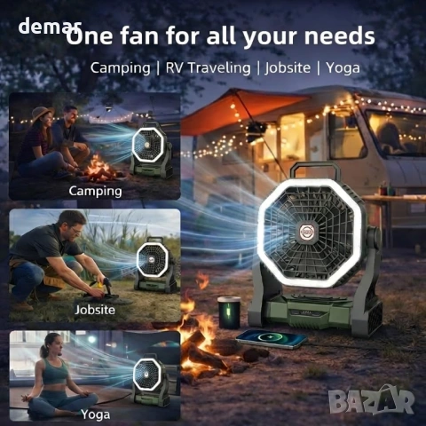 Къмпинг вентилатор с батерия 10000mAh и светлина, 4 скорости, зелен, снимка 8 - Вентилатори - 54109271