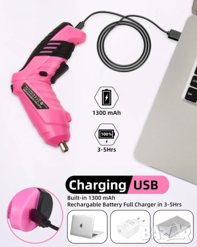 Durofort Комплект електрическа акумулаторна 3.7V малка отвертка в розов цвят, снимка 5 - Винтоверти - 51488702