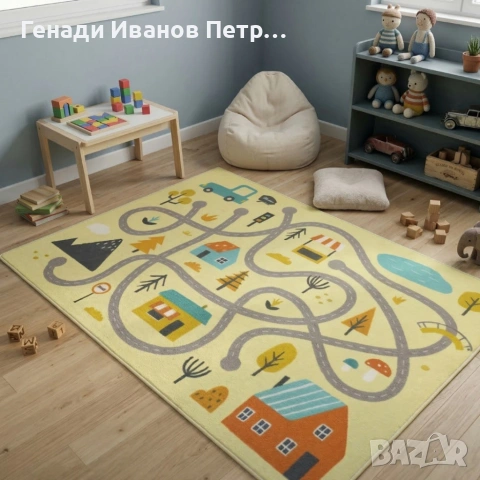 Детски килим за игра 120х160см - Светложълт килим с цветни къщички, противоплъзгащ и миещ се, снимка 3 - Други - 53875275