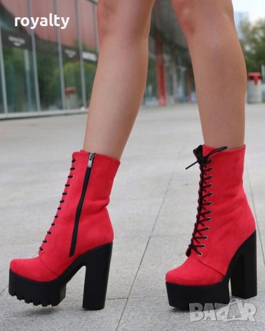 Боти на ток - червен велур с черно ходило, снимка 3 - Дамски боти - 52163285