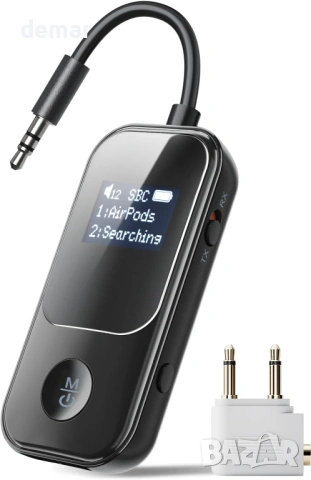 Nulaxy Bluetooth предавател/приемник с екран, споделяне на два AirPods/слушалки, 3.5 мм Aux, черен