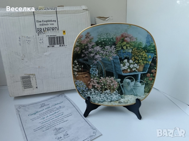 Декоративна чиния с рисунка на каручка и цветя, сертификат , снимка 2 - Антикварни и старинни предмети - 52424953