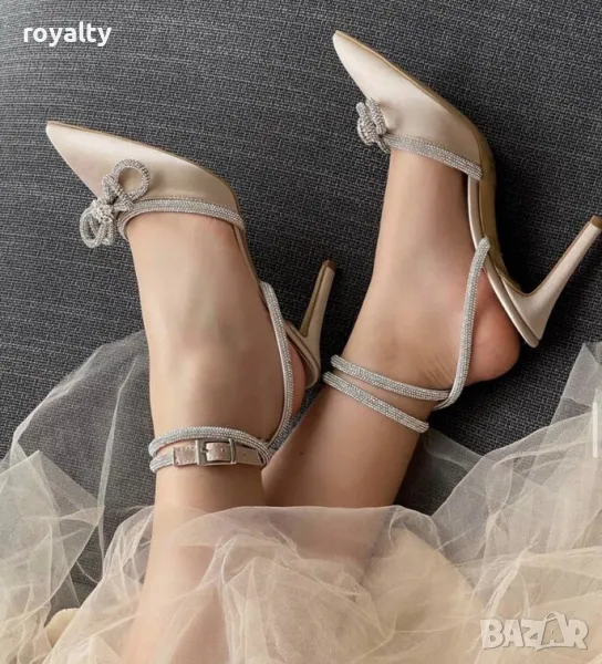Сандали на ток - бежов сатен , снимка 1