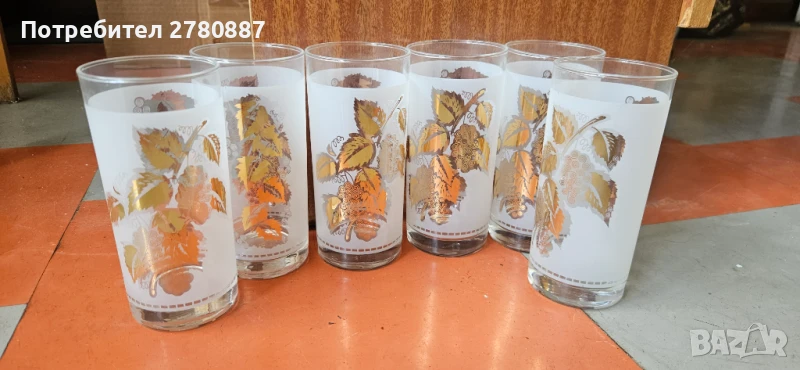 ретро комплект от 6 чаши вино - матирана златна гравюра на лозе, снимка 1