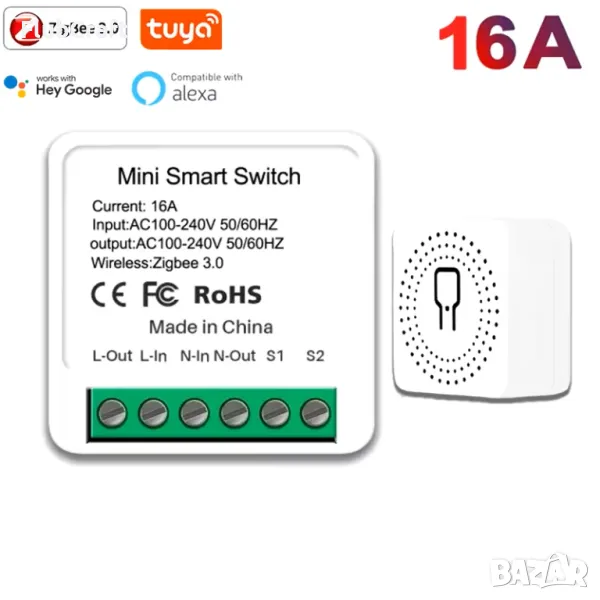 Wi-Fi smart ключ/прекъсвач 16A, 3680W, 230VAC, Tuya, снимка 1