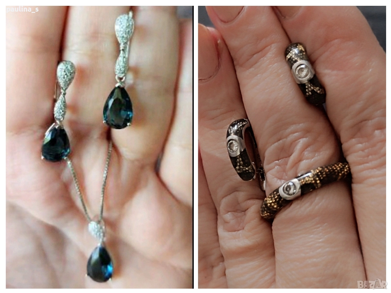 Два различни броя / Дизайнерски сребърен комплект 925 с емералд и Моисанит / Япония, снимка 1