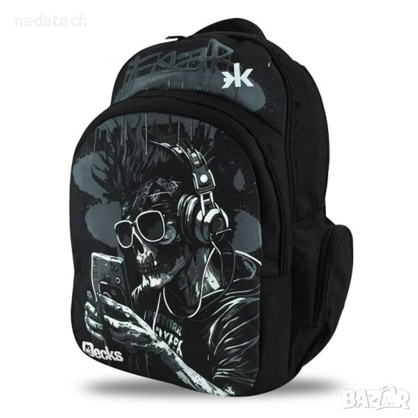 Ученическа раница с череп, Черен, 33x18x48см., снимка 1