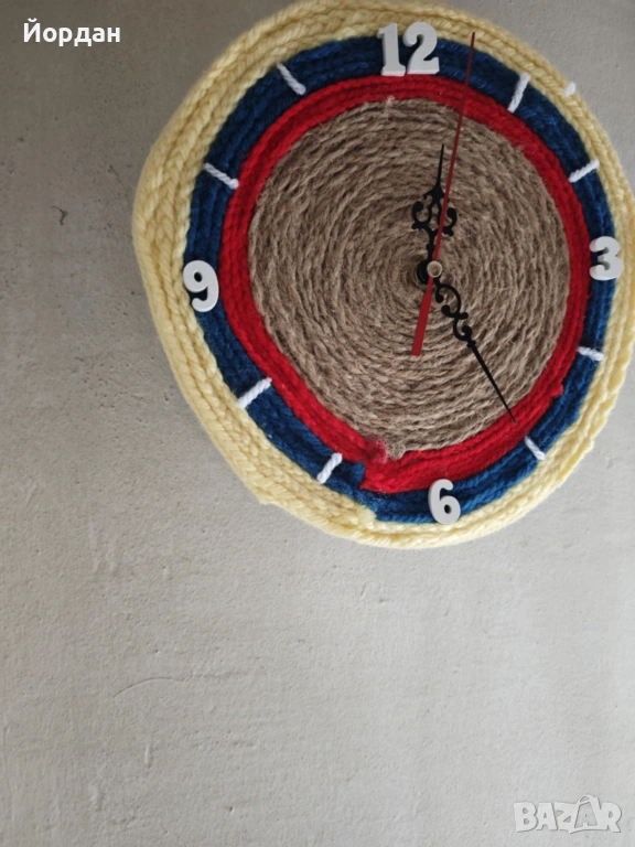Ръчно изработен стенен часовник от юта - 20х20 см, снимка 1