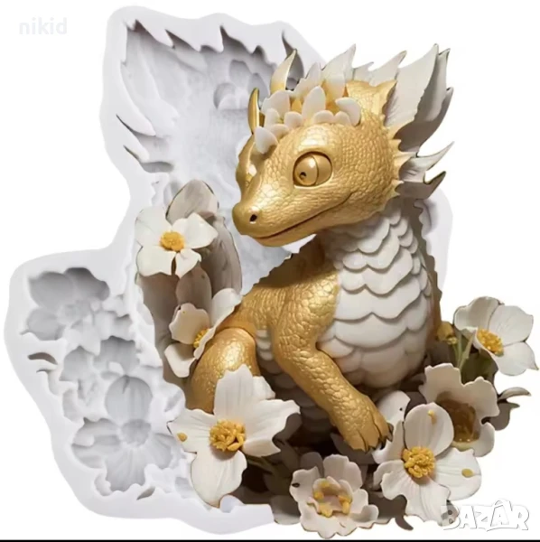 Дракон драконче в цветя  силиконов молд форма фондан гипс декор украса, снимка 1
