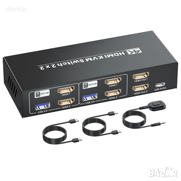 HDMI KVM превключвател 2 монитора 2 компютъра, 4K@60Hz двоен монитор HDMI, снимка 1