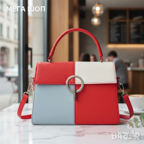 Многоцветна дамска чанта с метална тока и дълга дръжка, снимка 3 - Чанти - 53928750