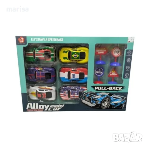 Комплект спортни състезателни коли, с пътни знаци, 6 броя 010561