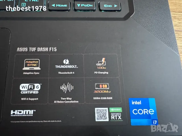 144Hz Tuf Dash`Core i7-11370H/RTX 3070/24GB DDR4/512GB NVMe/Бат 10ч/FHD IPS, снимка 2 - Лаптопи за игри - 48894410