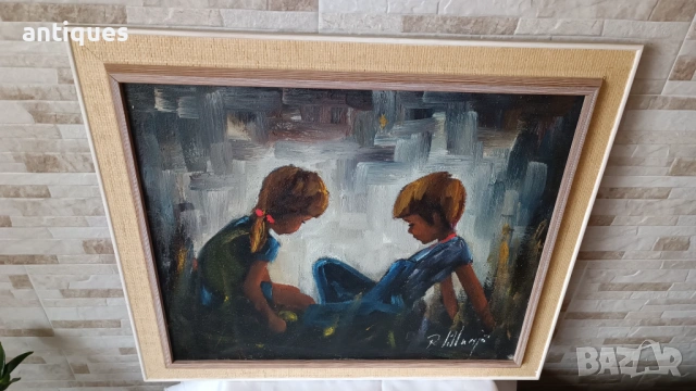 Картина "Деца" - маслени бои на платно - 73/63см  , снимка 4 - Антикварни и старинни предмети - 53271674
