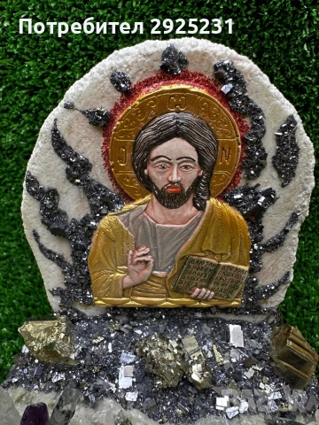 Ръчно изработена икона на Исус Христос с естествени кристали – калцит, пирит, галенит, кварц и амети, снимка 3 - Икони - 54092075