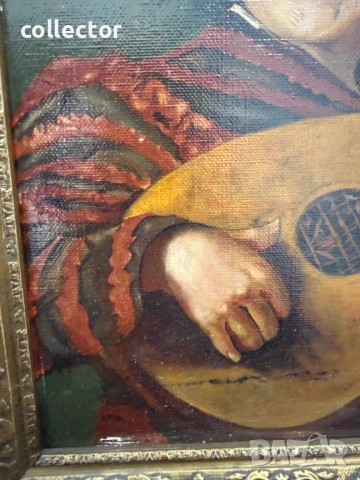 Стара маслена картина - "Шутът с лютня". №7778, снимка 5 - Антикварни и старинни предмети - 52876429