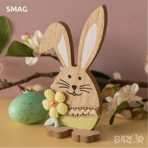 Великденско настолно дървено декоративно зайче с цвете, 8.5x4.5x17 см_1248342