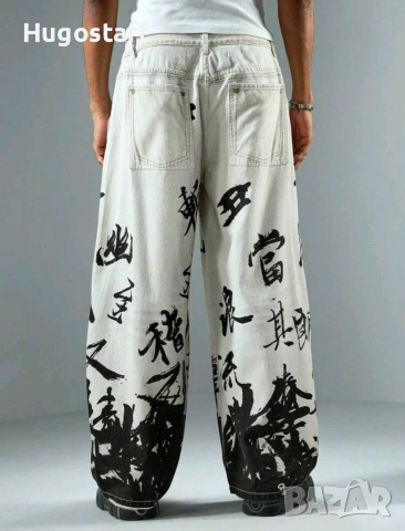 Нови японски йероглифи baggy дънки Casual Loose Fit Jeans панталони карго M/32, снимка 6 - Дънки - 53856042