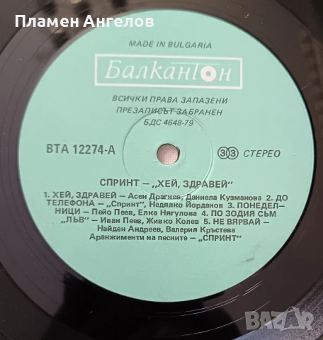 Грамофонна плоча Спринт "Хей, здравей" , снимка 4 - Грамофонни плочи - 51309501