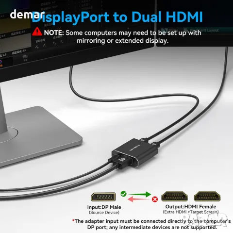 DGYBDFC 4K60Hz Displayport към двоен HDMI адаптер, DP 1.4 към 2х HDMI 2.0, снимка 4 - Кабели и адаптери - 48496117