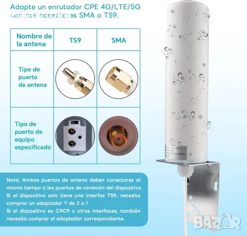 BOOBRIE 4G 5G LTE антена Външна 10dBi антена 698-2700 3300-3800MHz WiFi антена Външен SMA конектор, снимка 3 - Други - 48722111