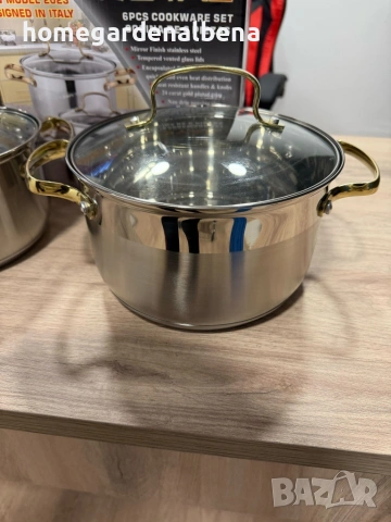 Луксозен комплект тенджери от неръждаема стомана със златни дръжки – 3 броя, снимка 7 - Съдове за готвене - 54166587